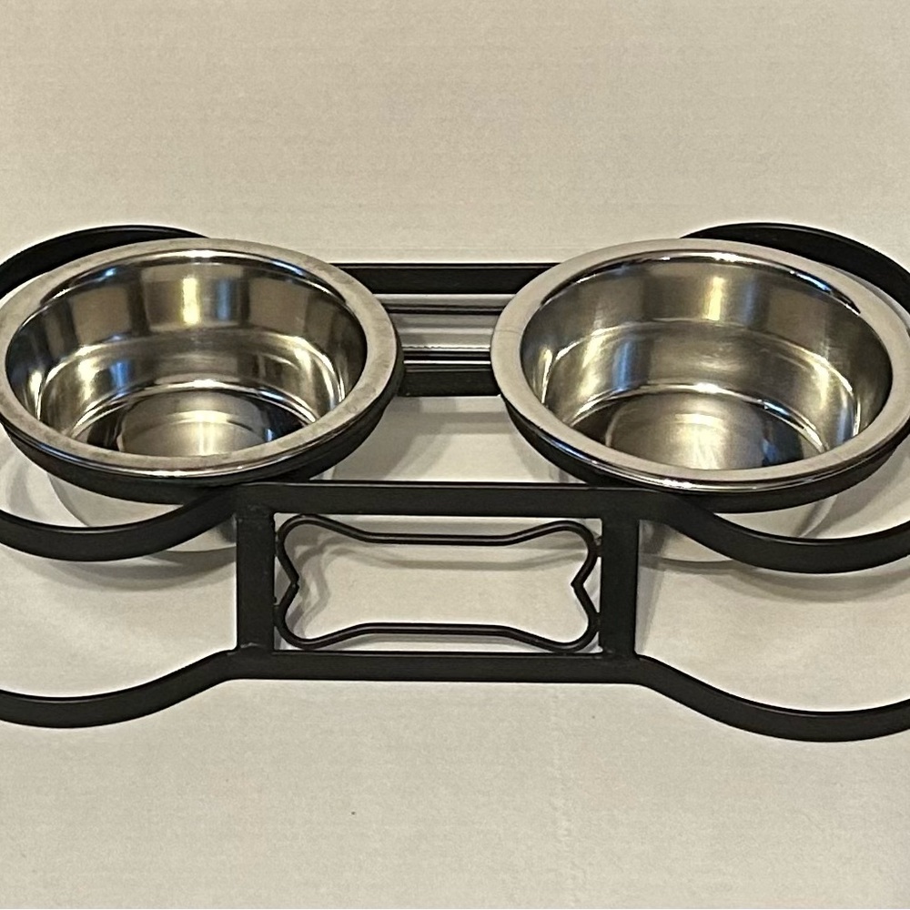 Double Stainless Steel Dog Bowls with Black Elevated Stand